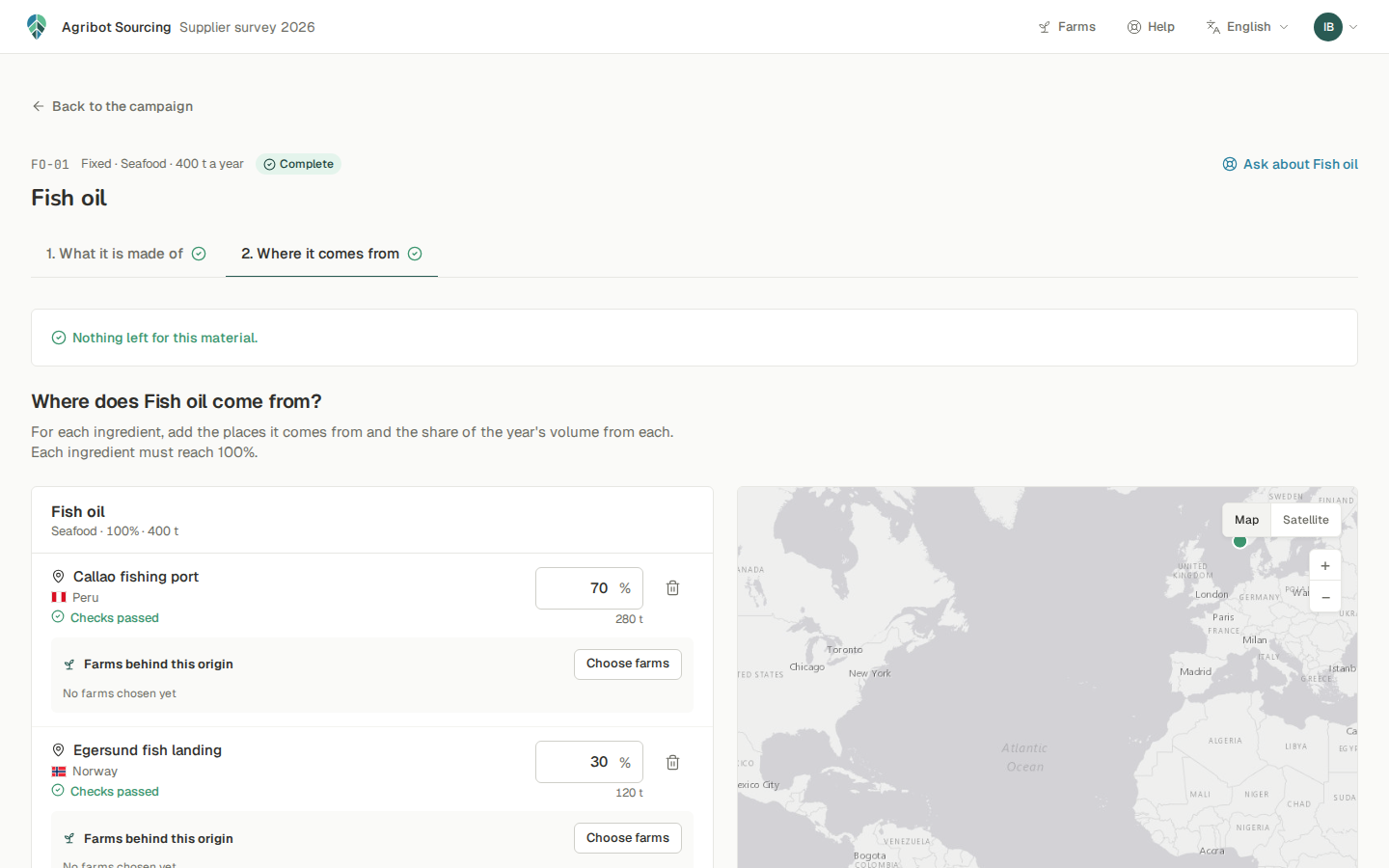 The supplier portal, where a supplier splits a year's fish oil volume between two declared origins.