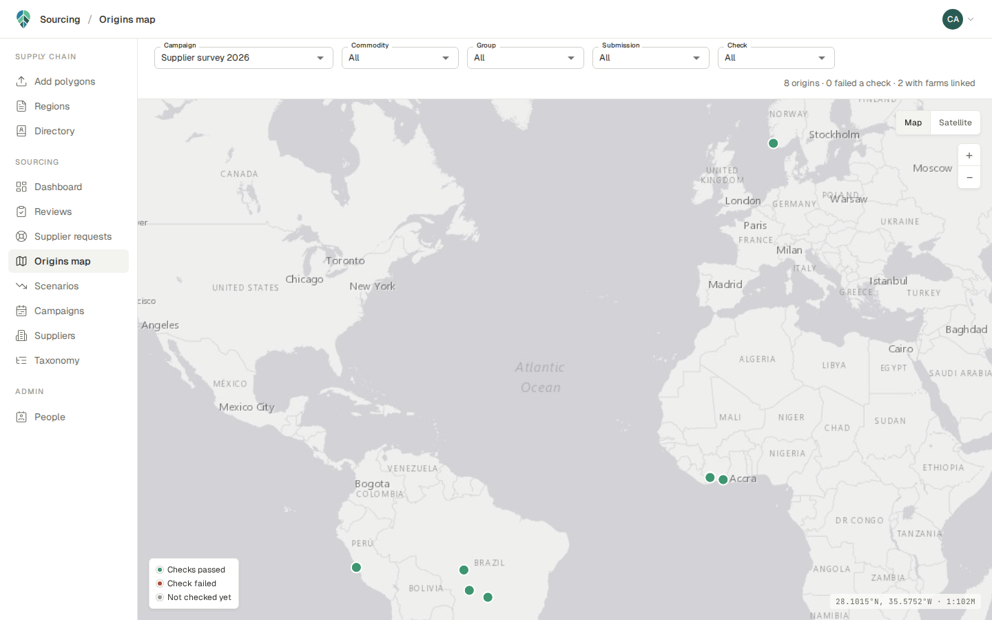 The origins map in Agribot Source, showing declared ingredient origins across South America, West Africa and Northern Europe.